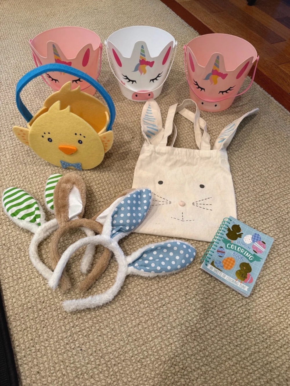 Unbranded Pink & White Unicorn Easter Buckets and Bunny Accessories Set